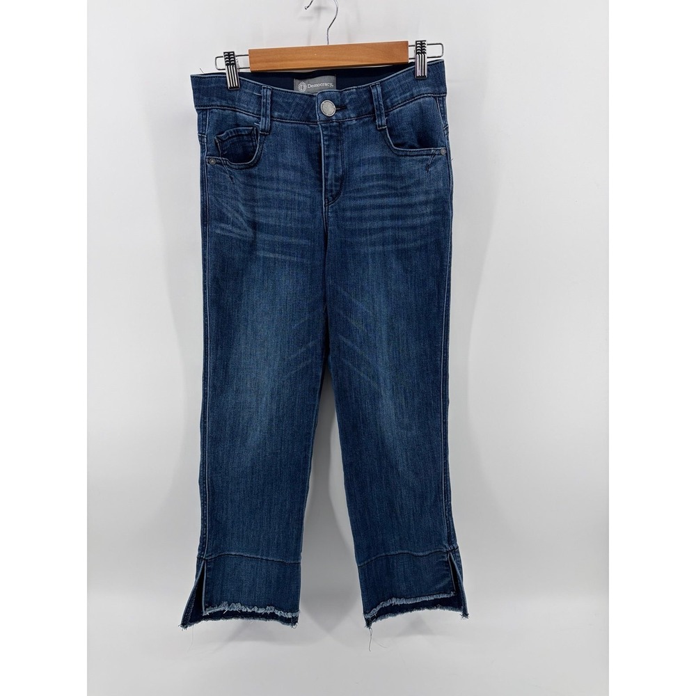 Democracy "Ab"solution Dark Wash Capris Denim, Raw Frayed Hem & Side Slit, 4